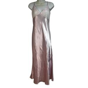 Y2K  Pink Satin Maxi Slip Dress – Lace Bodice – Size Medium - Valerie Stevens
